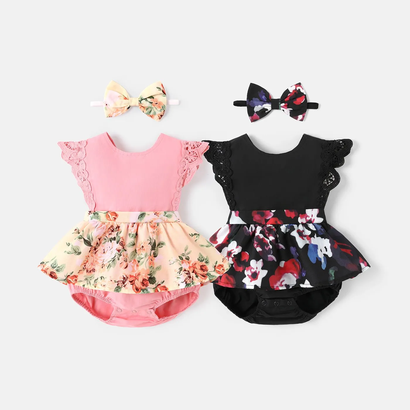 2pcs Baby Girl 100% Cotton Solid & Floral-print Spliced Lace Flutter-sleeve Romper with Headband Set