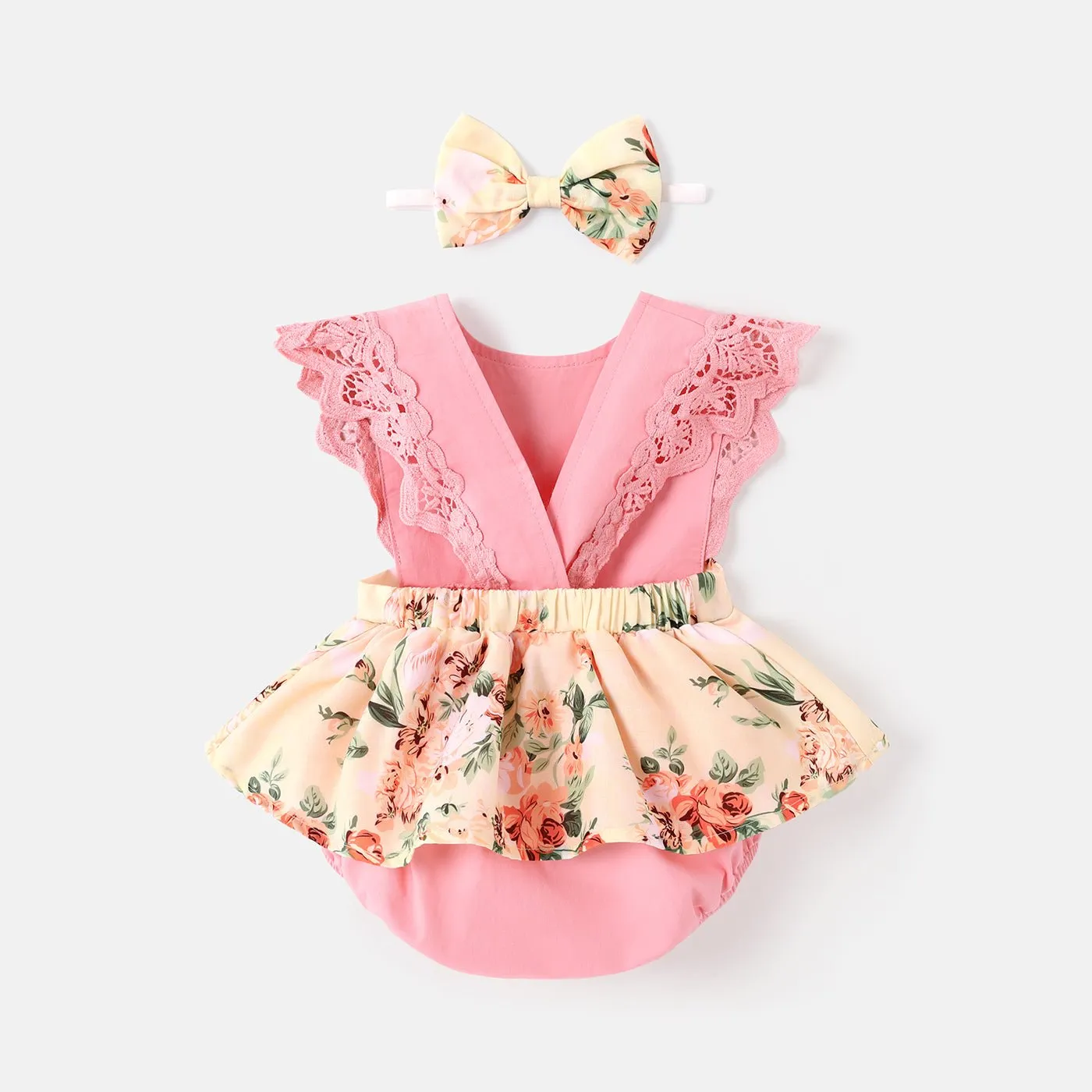 2pcs Baby Girl 100% Cotton Solid & Floral-print Spliced Lace Flutter-sleeve Romper with Headband Set