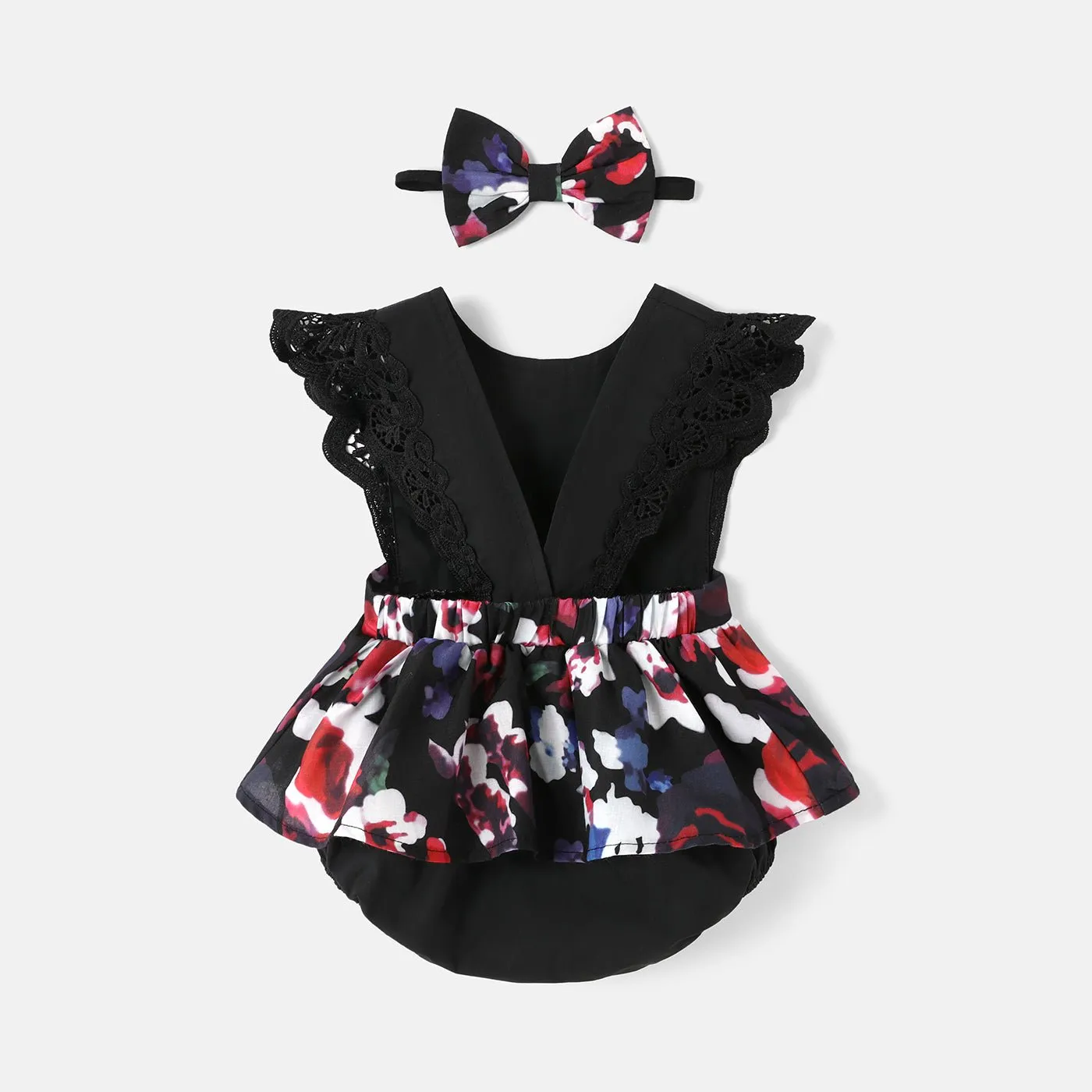 2pcs Baby Girl 100% Cotton Solid & Floral-print Spliced Lace Flutter-sleeve Romper with Headband Set