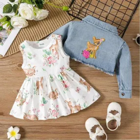 Allover Deer Print Tank Dress & Long-sleeve Raw Trim Denim Crop Jacket Set - Infant Girl (2Pcs)