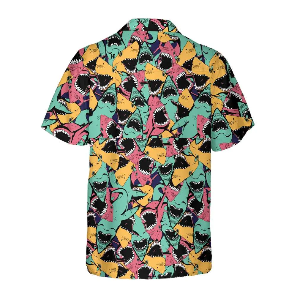 Angry Shark Seamless Pattern Hawaiian Shirt, Shark Shirt Button Up For Adults, Shark Print Shirt