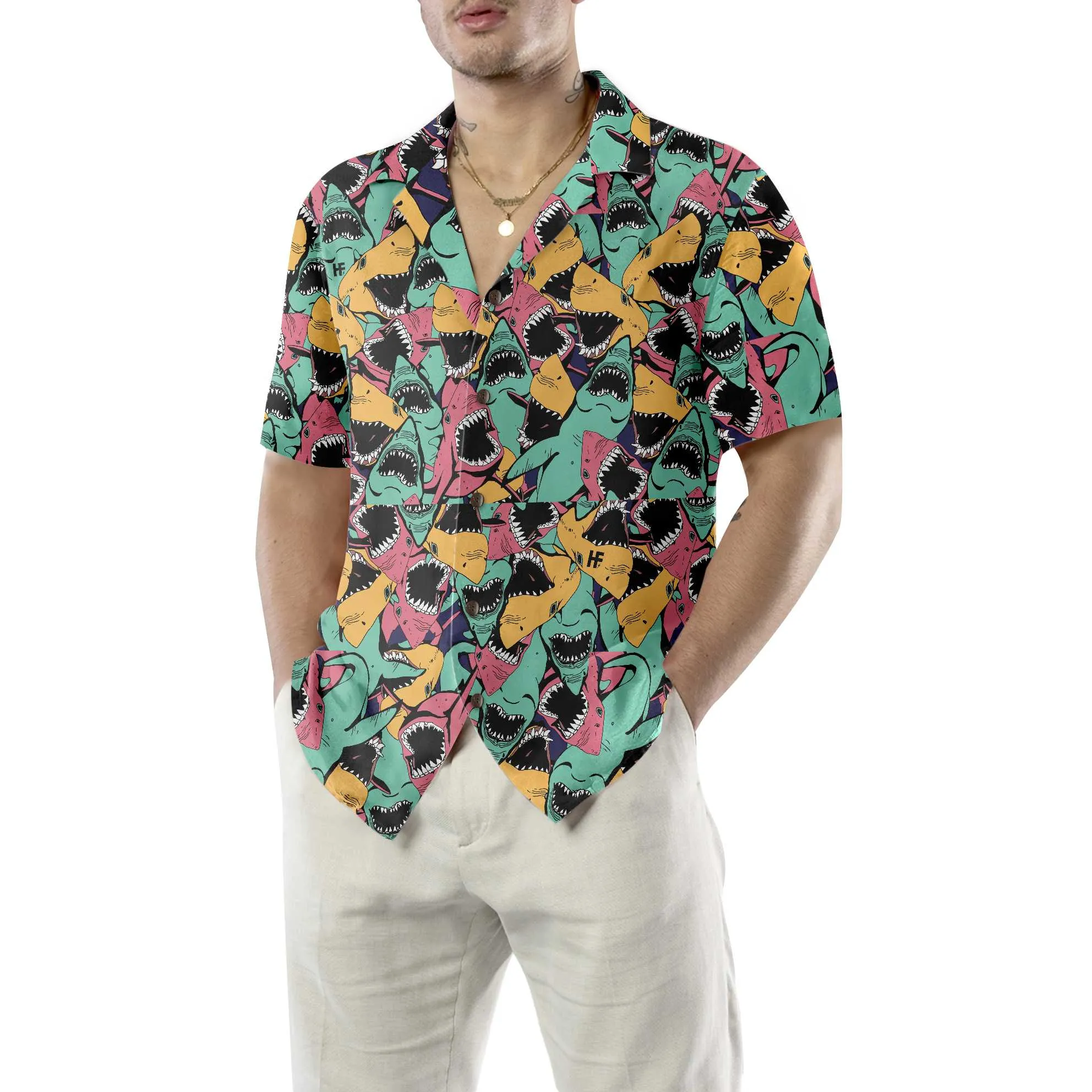 Angry Shark Seamless Pattern Hawaiian Shirt, Shark Shirt Button Up For Adults, Shark Print Shirt