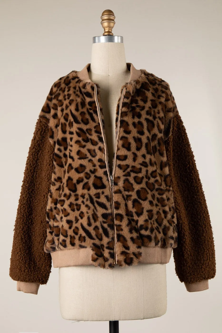 Animal Print Contrast Sherpa Zipper Jacket