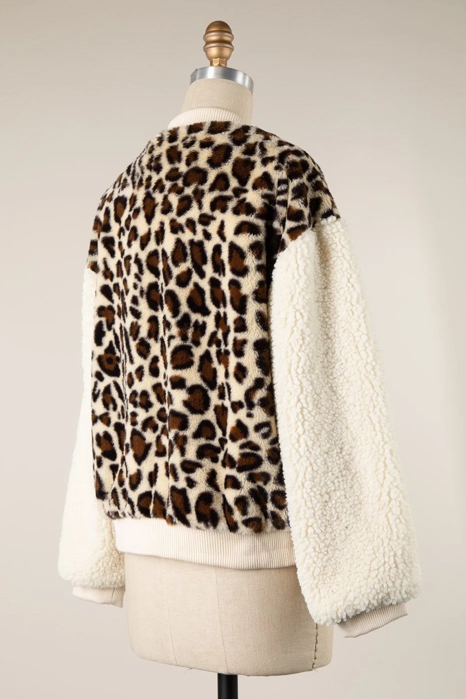 Animal Print Contrast Sherpa Zipper Jacket