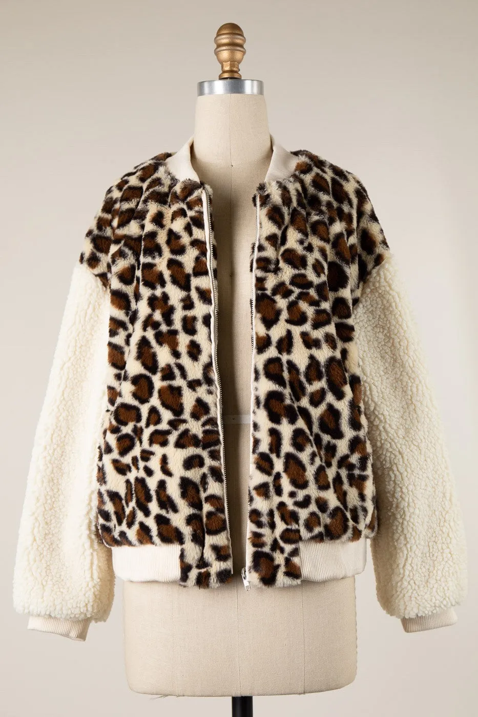 Animal Print Contrast Sherpa Zipper Jacket