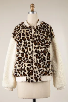 Animal Print Contrast Sherpa Zipper Jacket