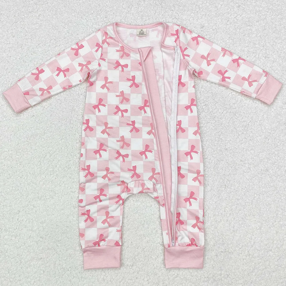 Baby Infant Girls Rompers Pink Checkered Bows Bamboo Zip Rompers LR1607