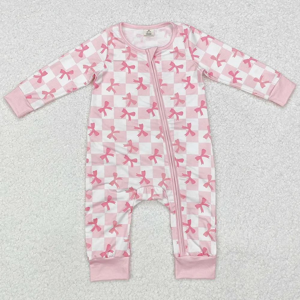 Baby Infant Girls Rompers Pink Checkered Bows Bamboo Zip Rompers LR1607