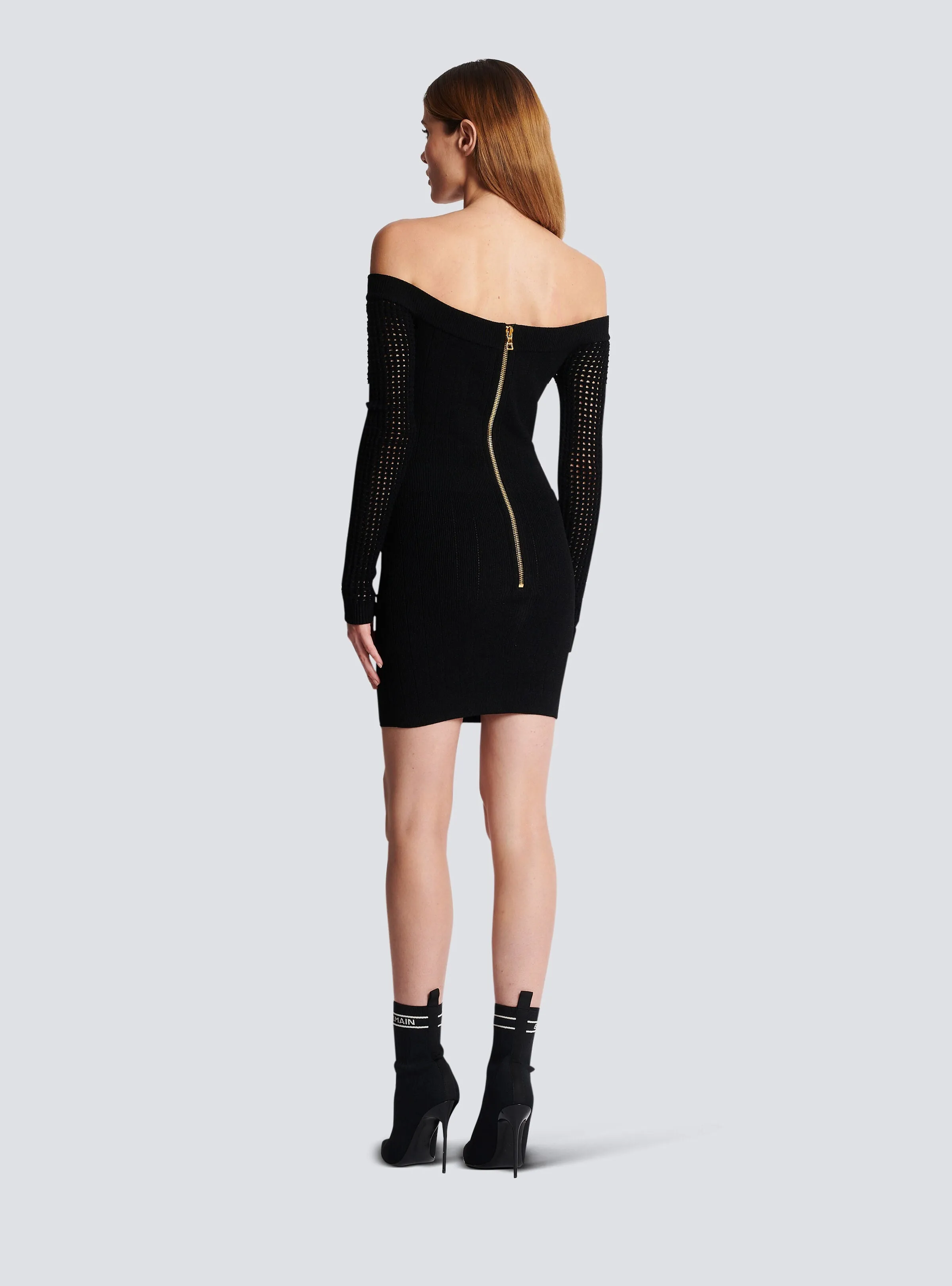 BALMAIN OFF THE SHOULDER MESH KNIT DRESS