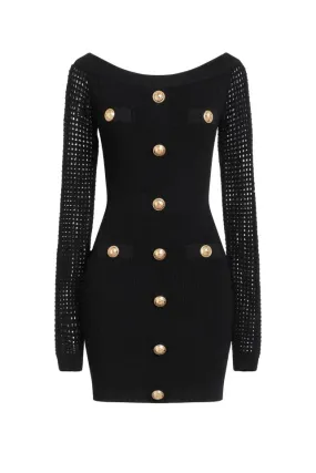 BALMAIN OFF THE SHOULDER MESH KNIT DRESS