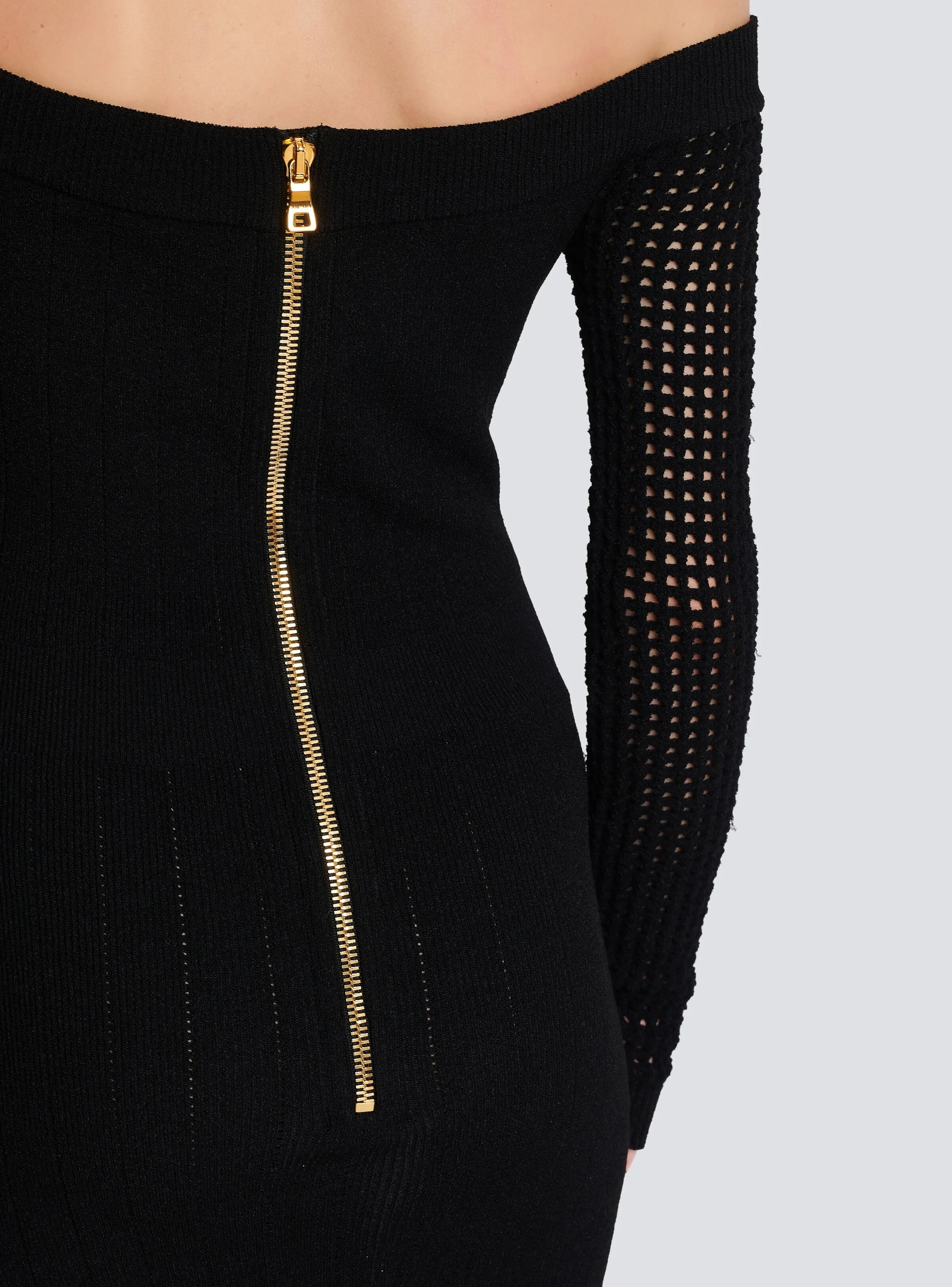 BALMAIN OFF THE SHOULDER MESH KNIT DRESS