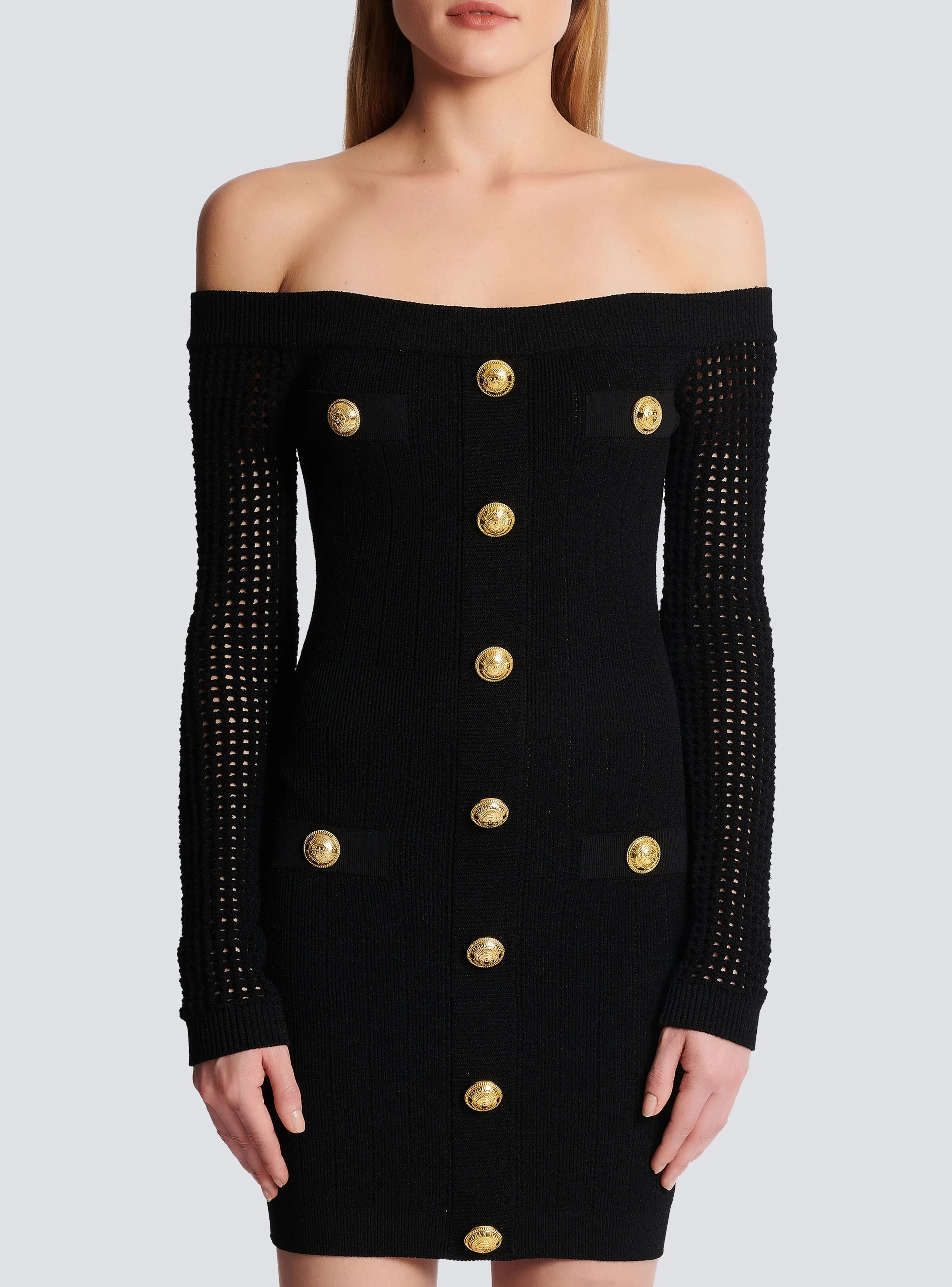 BALMAIN OFF THE SHOULDER MESH KNIT DRESS