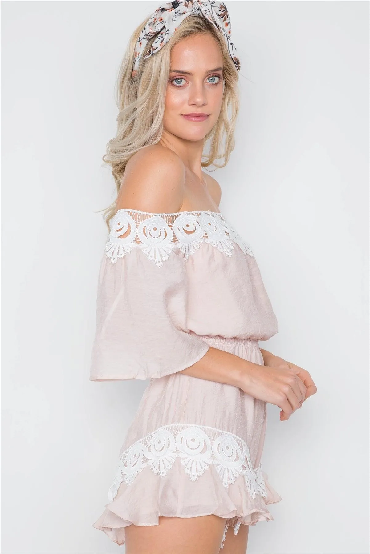 Beige Blush Off-The-Shoulder Crochet Trim Romper /1-2-2-1