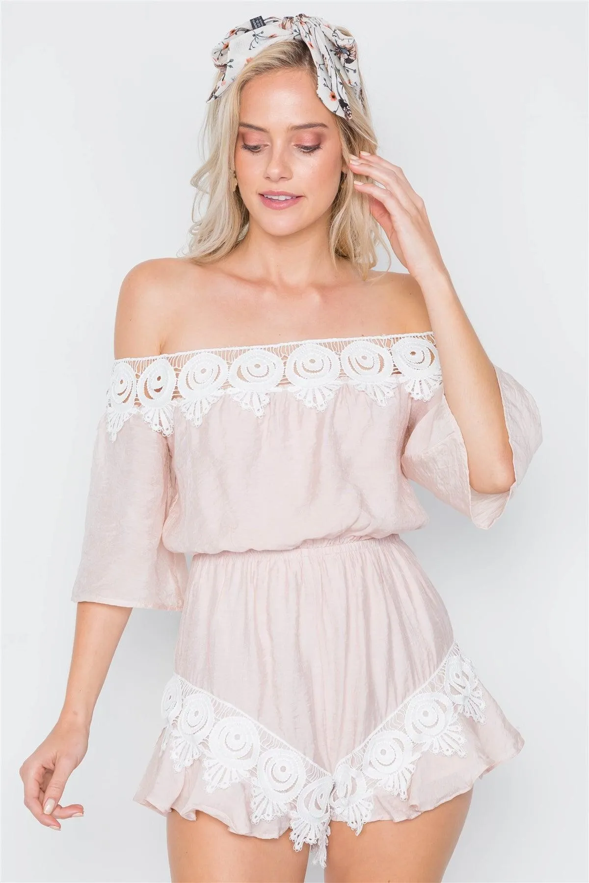 Beige Blush Off-The-Shoulder Crochet Trim Romper /1-2-2-1