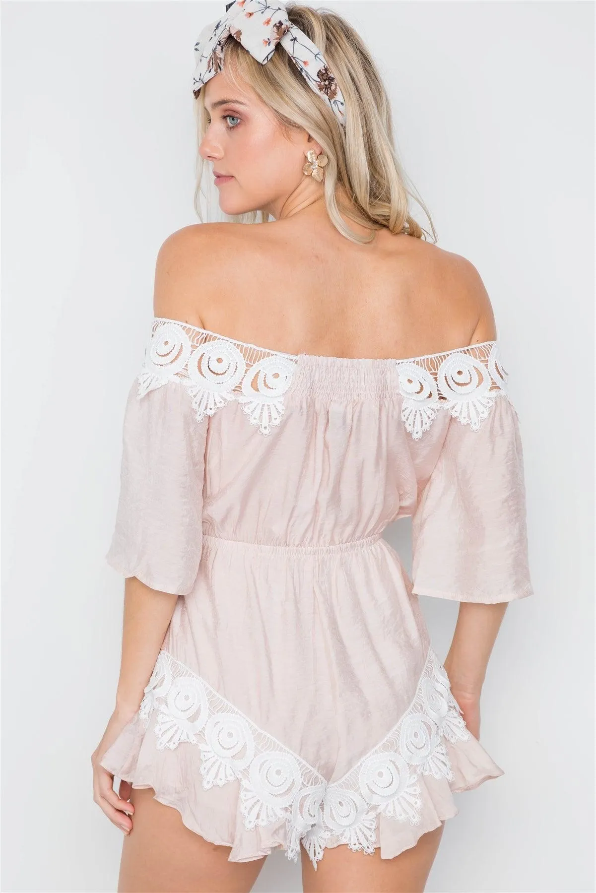 Beige Blush Off-The-Shoulder Crochet Trim Romper /1-2-2-1