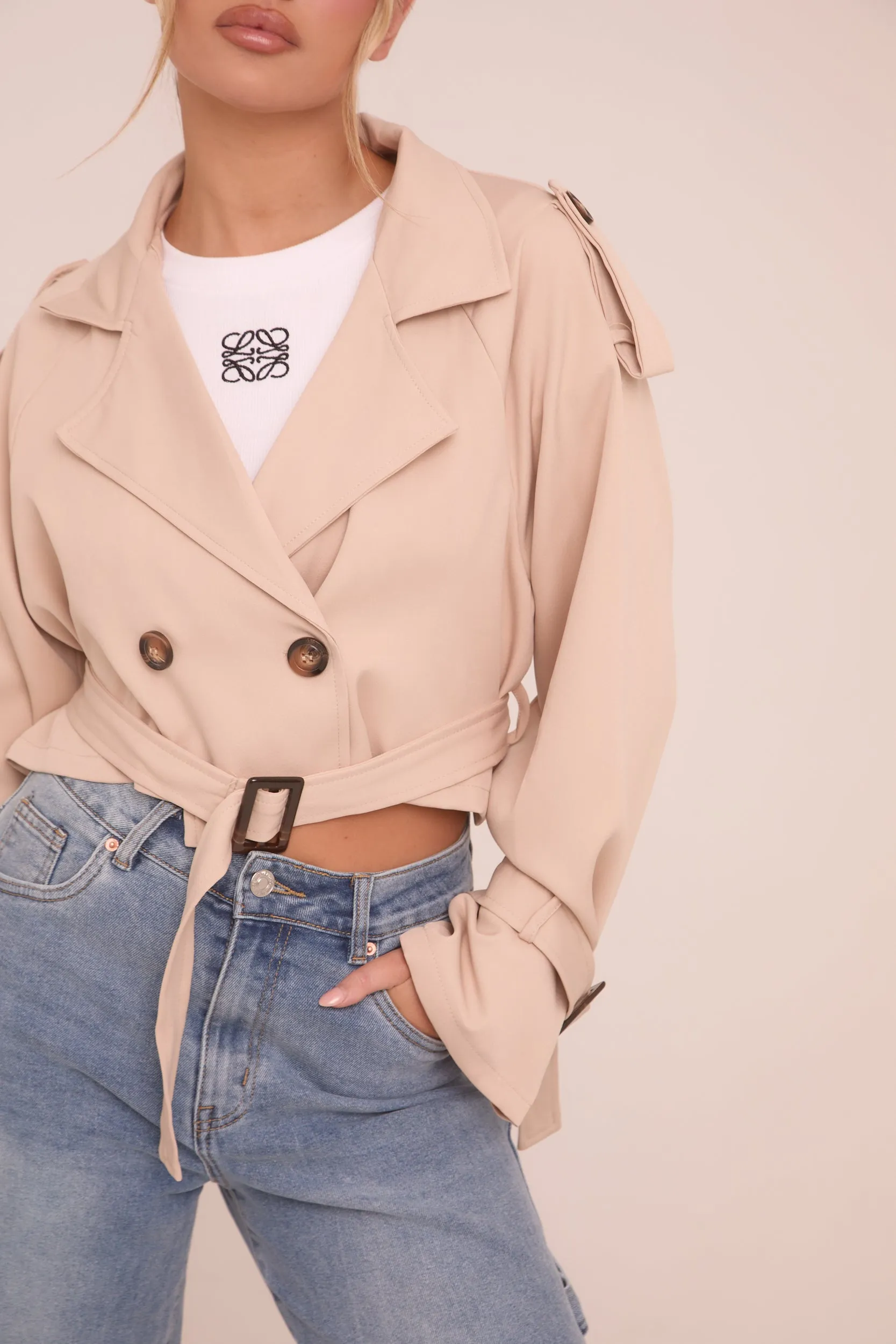 Beige Cropped Belted Trench Coat - Naomi