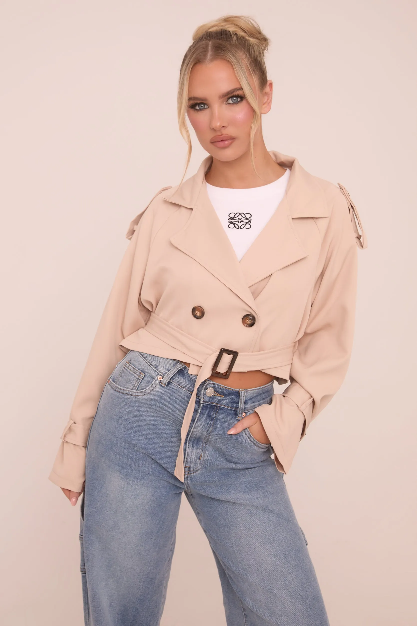 Beige Cropped Belted Trench Coat - Naomi