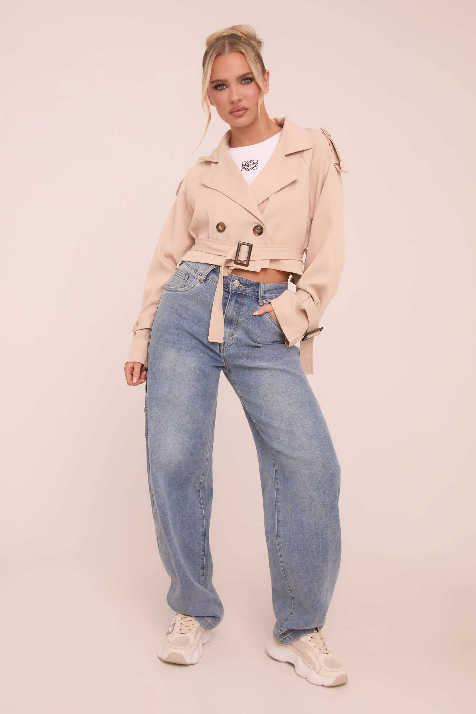 Beige Cropped Belted Trench Coat - Naomi