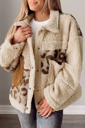 Beige Leopard Patchwork Snap Buttons Sherpa Jacket