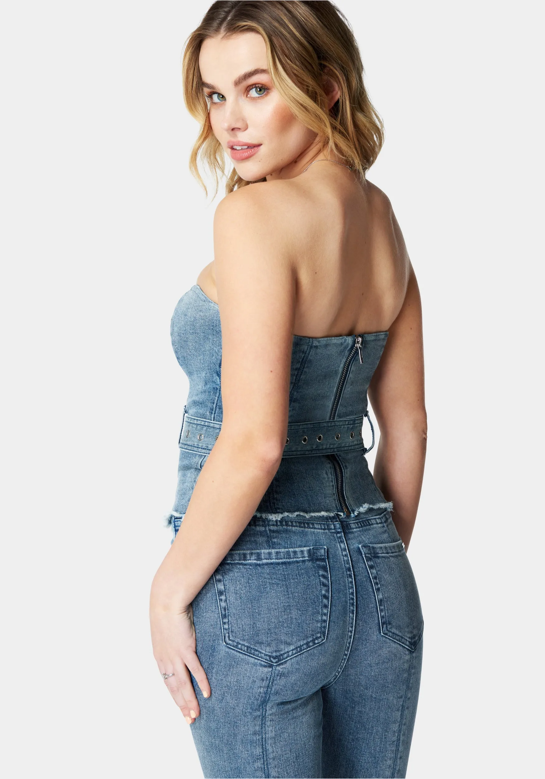 Belted Button Front Denim Bustier