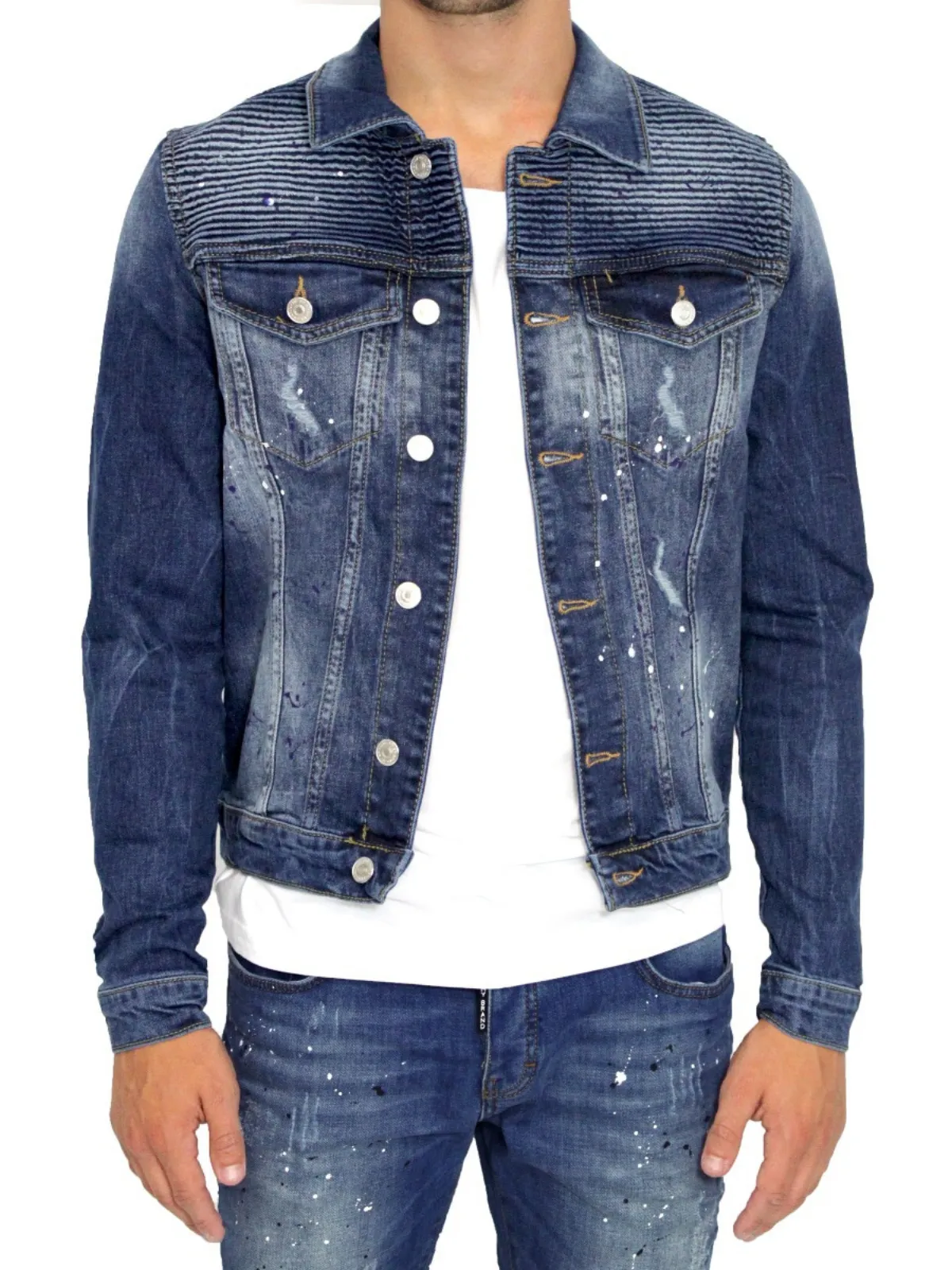 BIKER DENIM RIBBED JACKET | DENIM