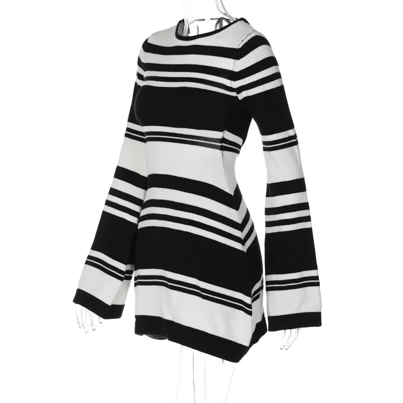 Black Stripe Knit Backless Graceful Long Sleeve Mini Dress