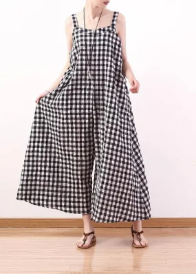 black white plaid casual cotton carpenter pants women loose wide leg pants