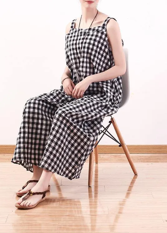 black white plaid casual cotton carpenter pants women loose wide leg pants