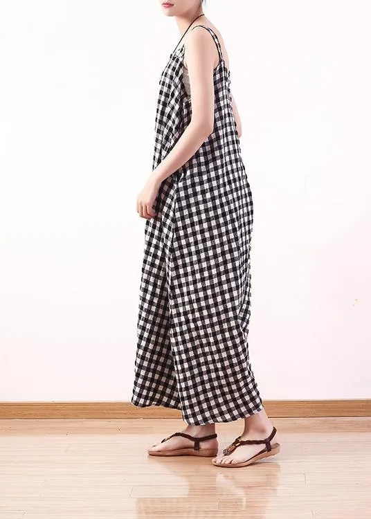 black white plaid casual cotton carpenter pants women loose wide leg pants