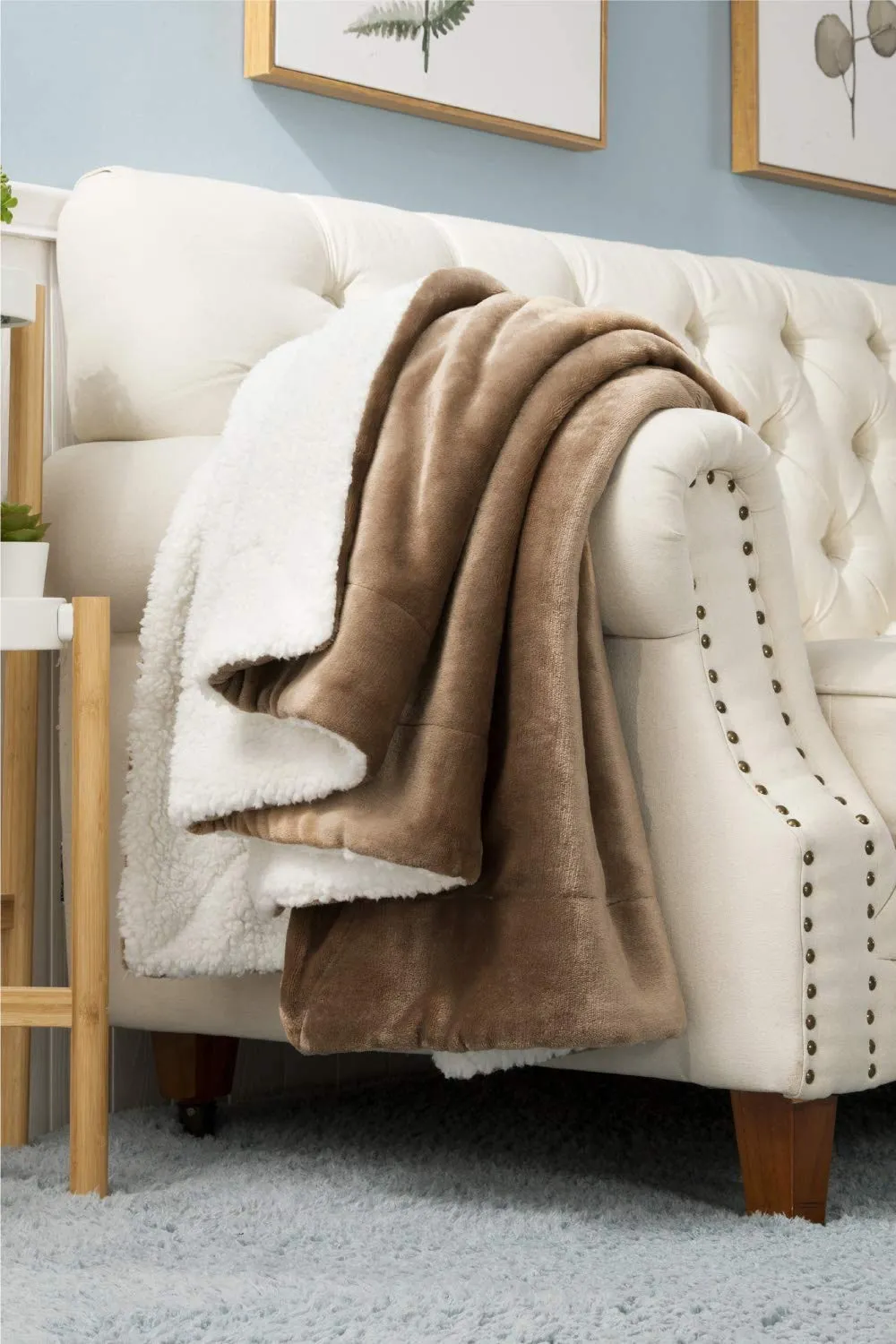 BSB HOME Polyester Micromink Warm Sherpa Super Soft Flannel Solid/Plain Blanket for Light/Mild Winter, Light Brown, Size 220 X 230 Cms (Approx 7.4 X 7 Ft, Double) Skinfriendly, 200 tc