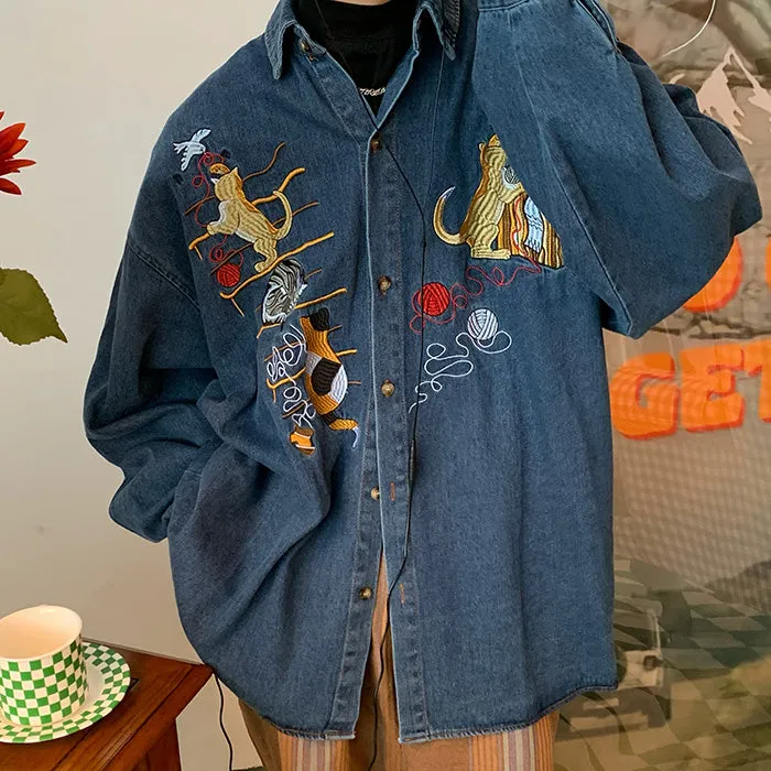 Cat Embroidery Vintage Style Denim Shirt