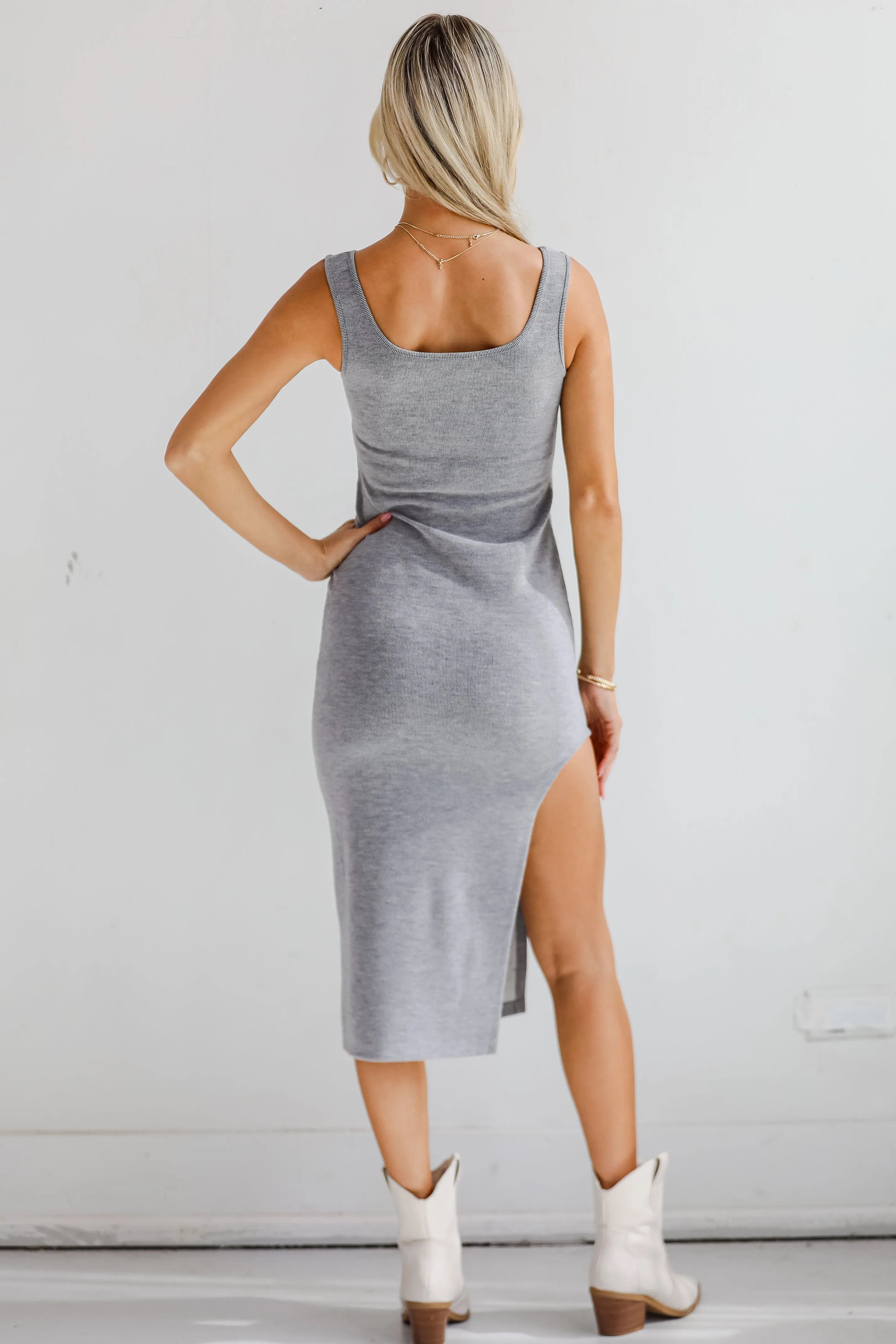 Charmed Vibes Grey Ribbed Knit Midi Dress - DU DEAL