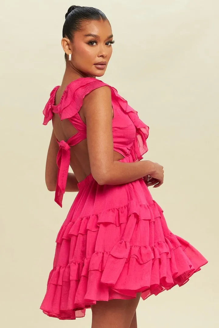 Clarisse Ruffle Plunge Flare Mini Dress - Hot Pink