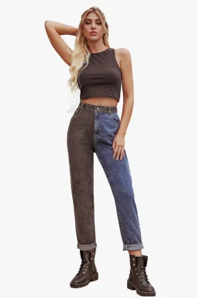 Color Block High Waist Denim Jeans