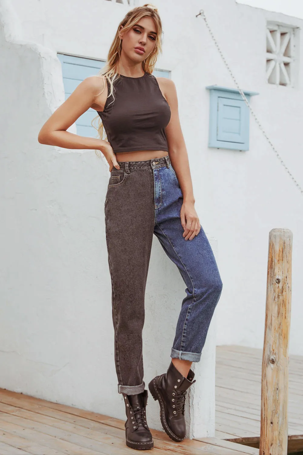 Color Block High Waist Denim Jeans