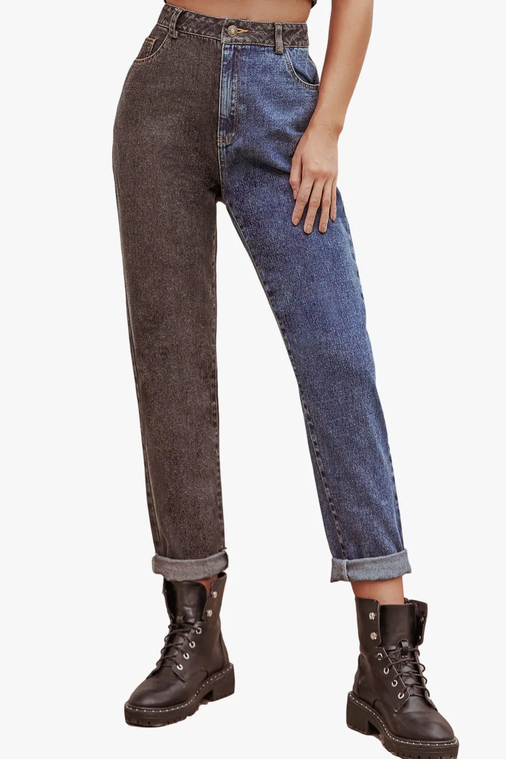 Color Block High Waist Denim Jeans