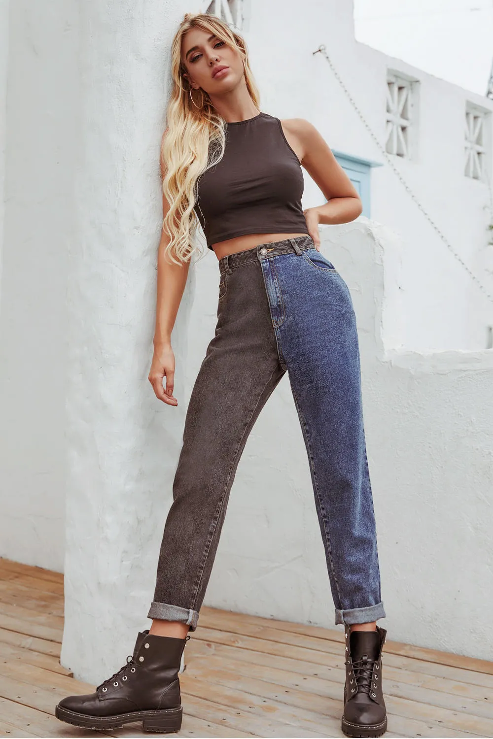 Color Block High Waist Denim Jeans