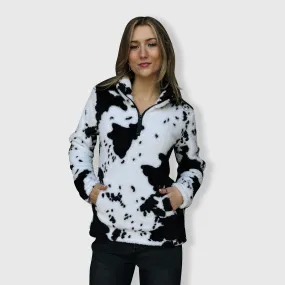 Cow Print Black White Sherpa Pullover Women