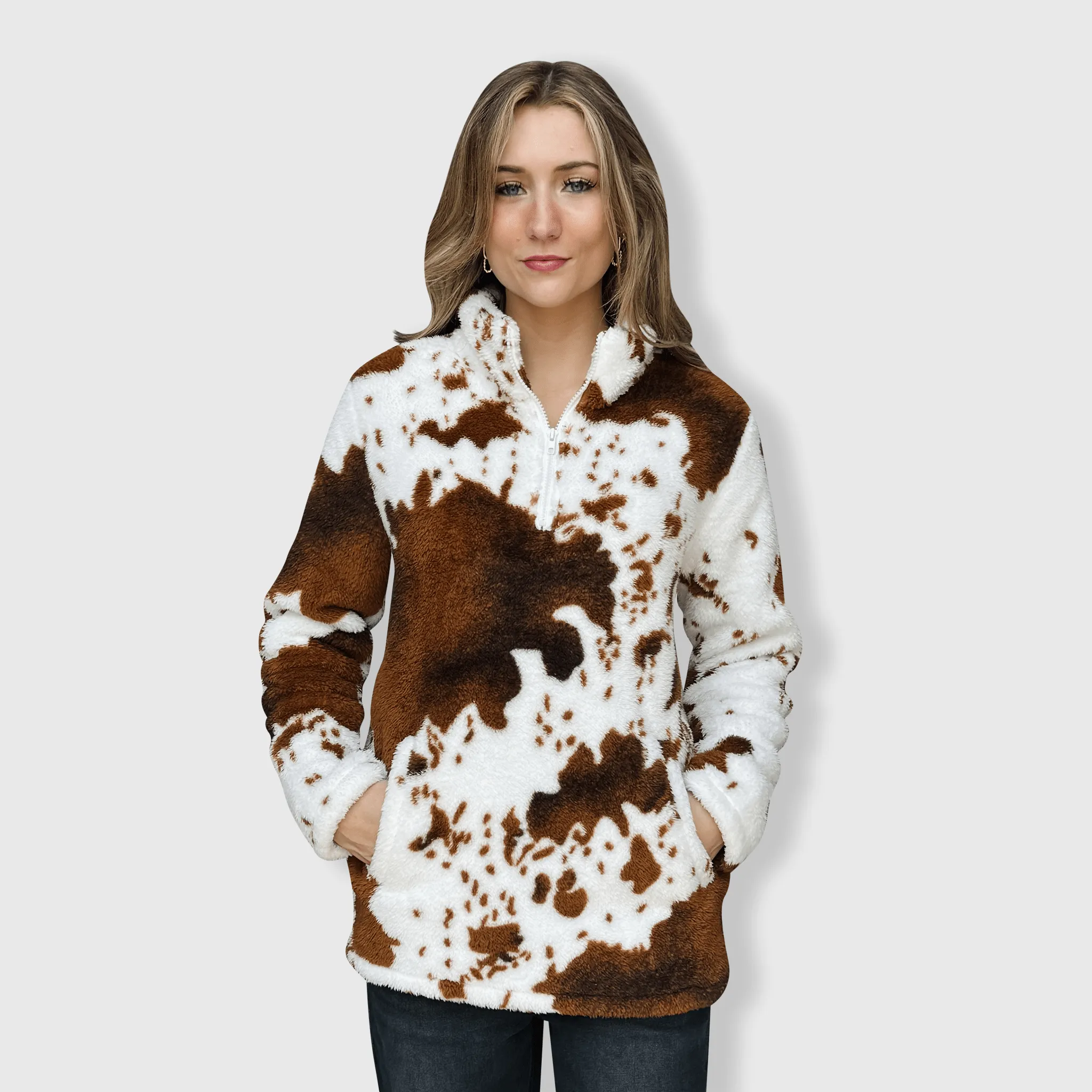 Cow Print Brown White Sherpa Pullover Women