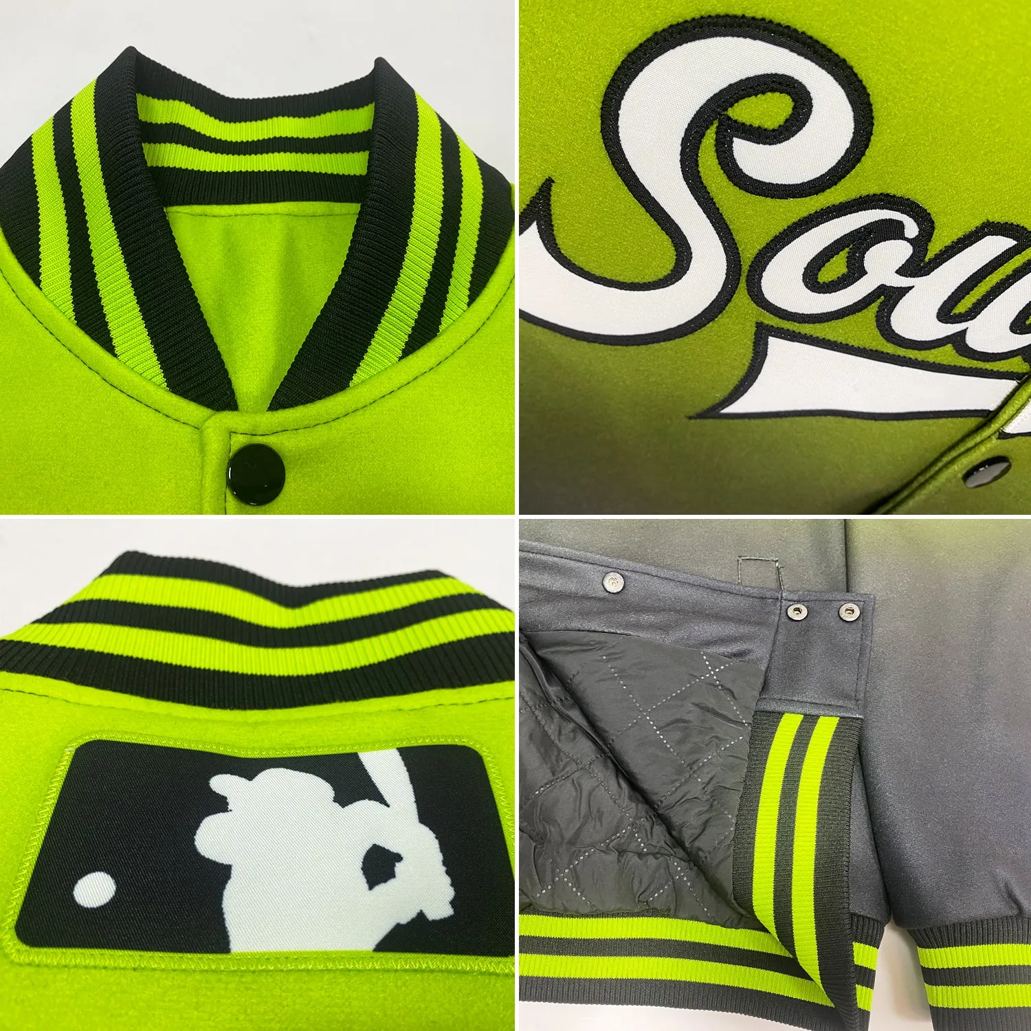 Custom Neon Green White-Black Bomber Full-Snap Varsity Letterman Fade Fashion Jacket