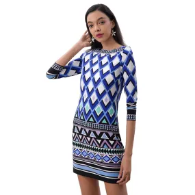 D079 Women geometric print boat neck three quarter sleeves mini day dress