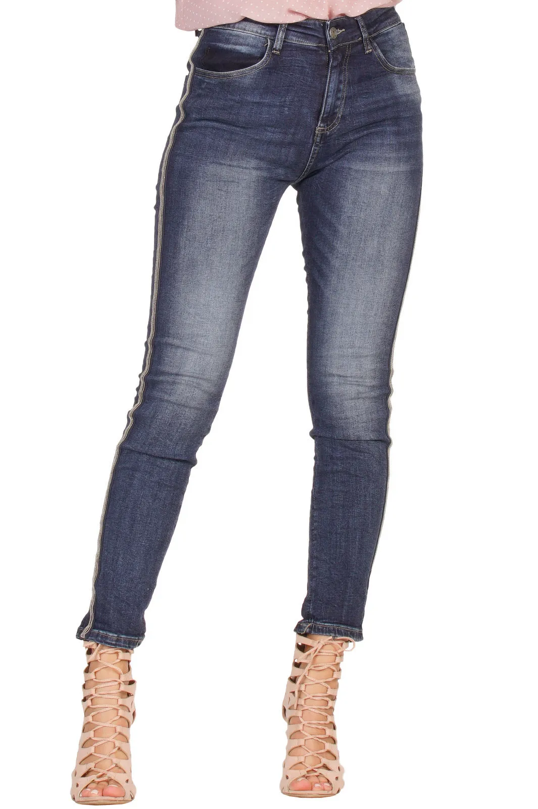 Dark Denim Skinny Jeans with Sliver Side Seam