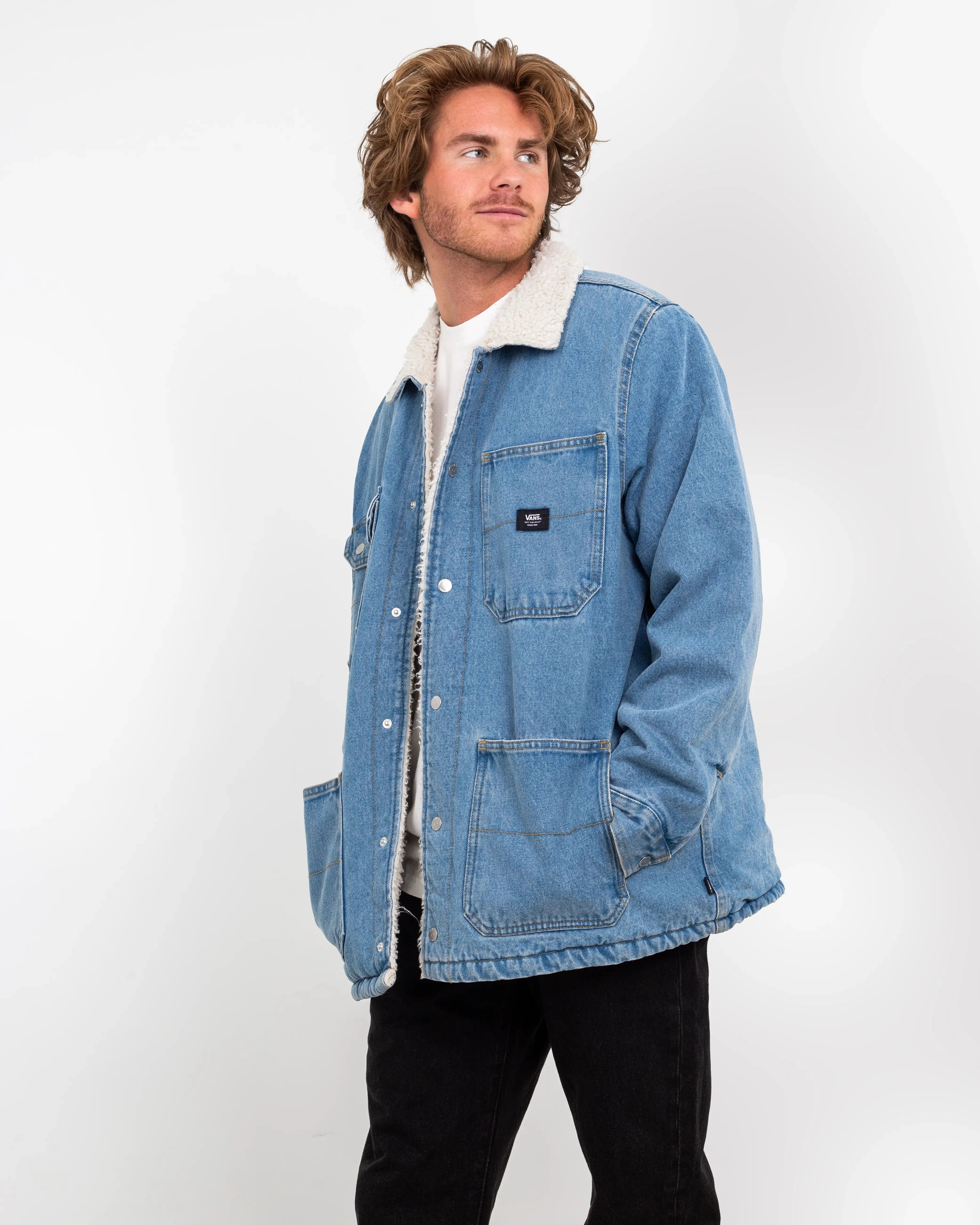 Drill Chore Denim Sherpa Jacket in Stonewash Blue