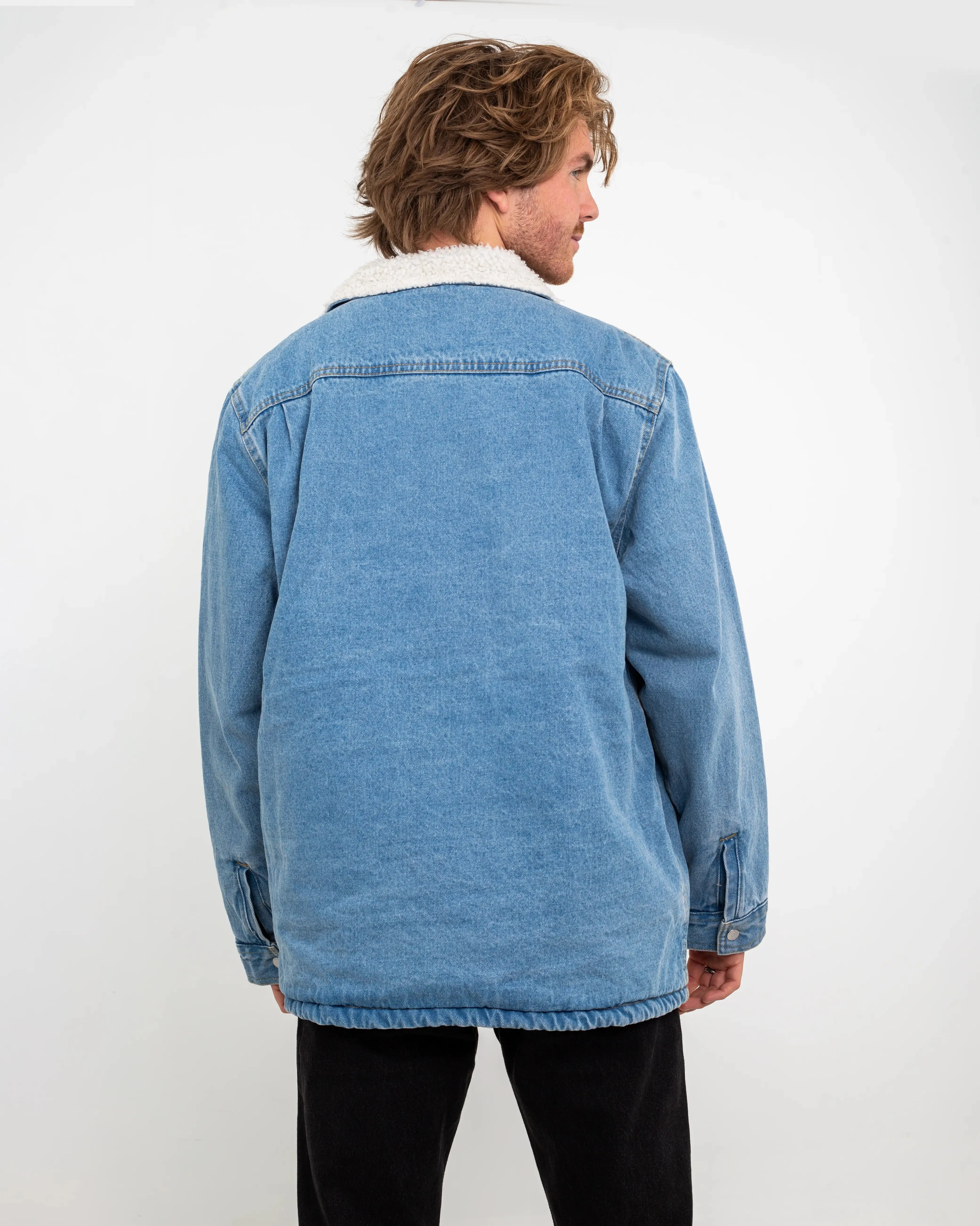 Drill Chore Denim Sherpa Jacket in Stonewash Blue