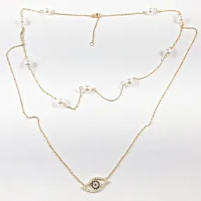 Elegant Multi Layered Pearl CZ Eye Design Gold Tone Silver Necklace