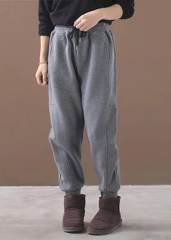 fashion warm winter cotton gray pant loose patchwork drawstring elastic waist casual pants