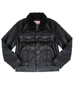 Faux Leather Sherpa Padded Jacket in Black