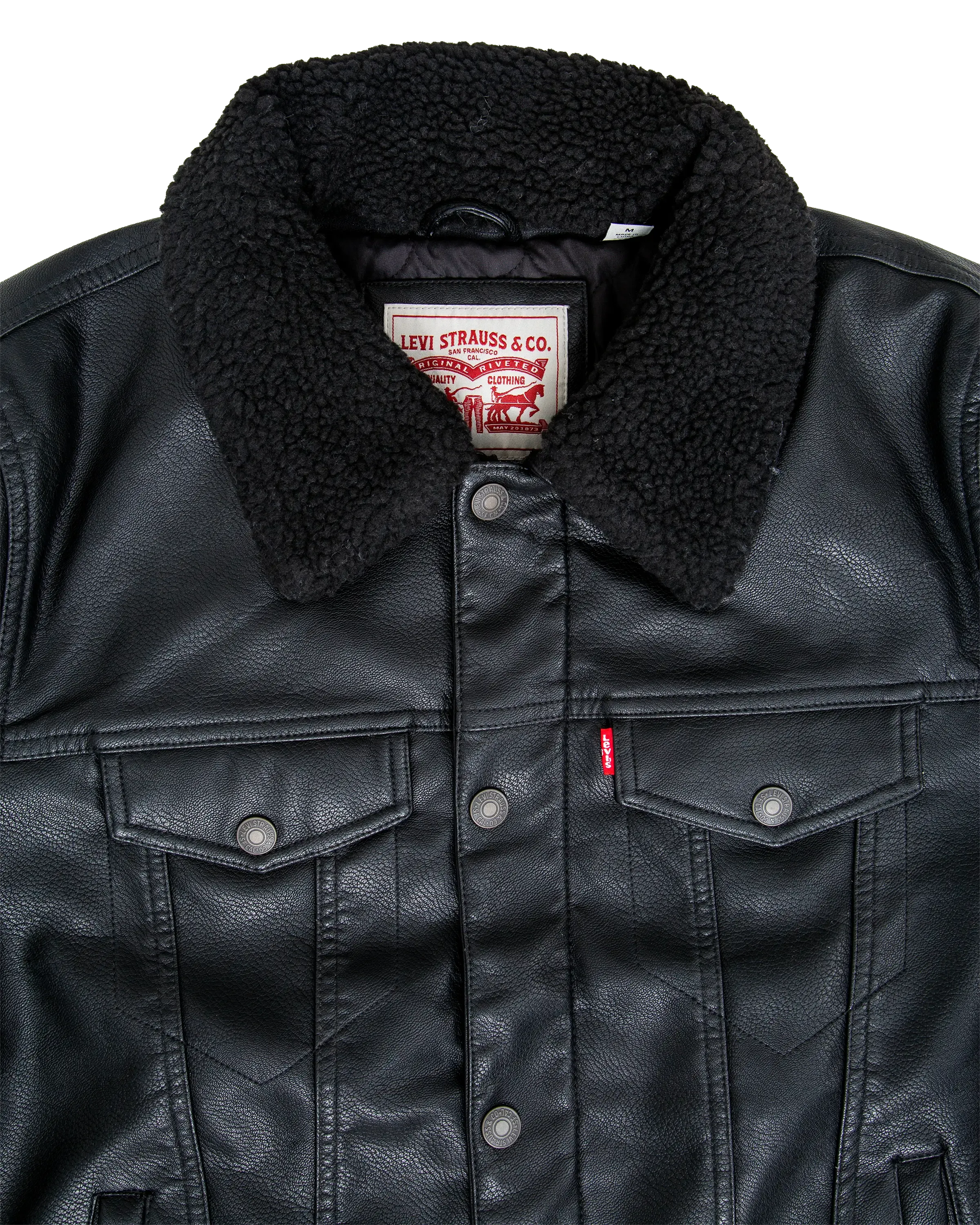 Faux Leather Sherpa Padded Jacket in Black