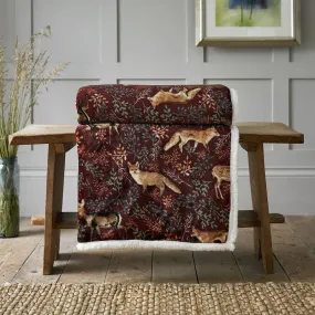 Fox & Deer Printed Sherpa Throw - Mulberry