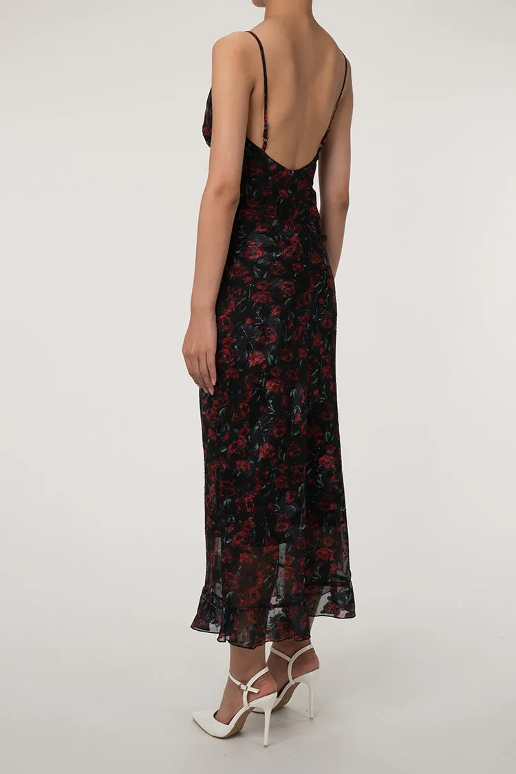 French Style Ruched Tie Neck Floral Print Fishtail Slip Maxi Sundress